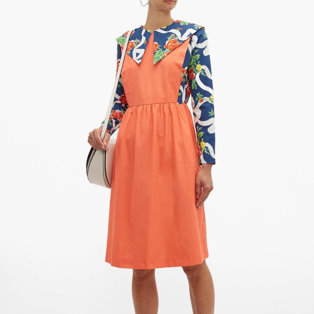 Batsheva Renaissance Floral-Print Coral and Blue Cotton Dress US 4